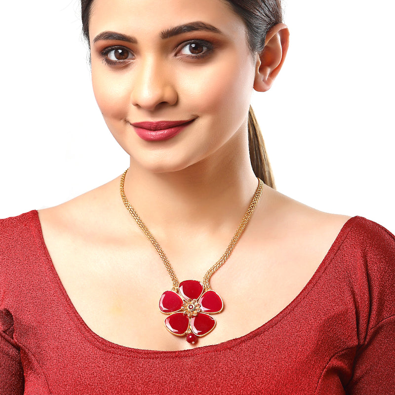Gold-Plated Red Stone Studded Flower Pendant