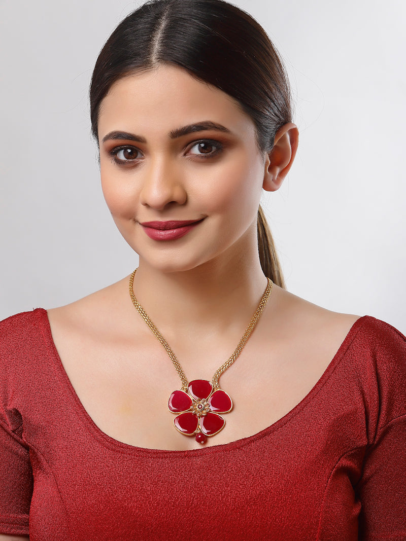 Gold-Plated Red Stone Studded Flower Pendant