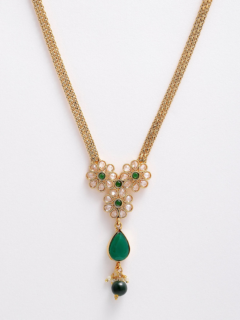 Gold-Plated Green & White Stone Studded Floral Necklace