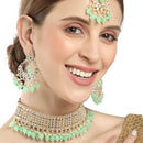 Meenakari Choker Gold-Plated Sea Green & White Kundan-Studded & Beaded Jewellery Set