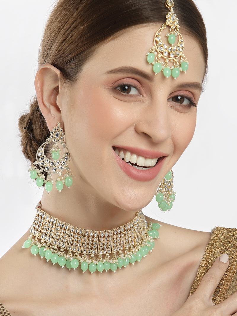 Meenakari Choker Gold-Plated Sea Green & White Kundan-Studded & Beaded Jewellery Set