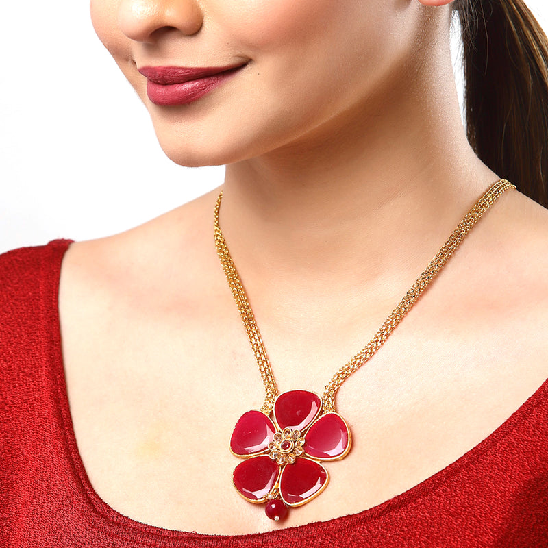Gold-Plated Red Stone Studded Flower Pendant