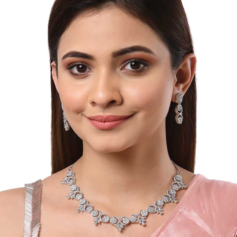Rhodium-Plated with Silver-Tone White American Diamond-Studded Jewellery Set