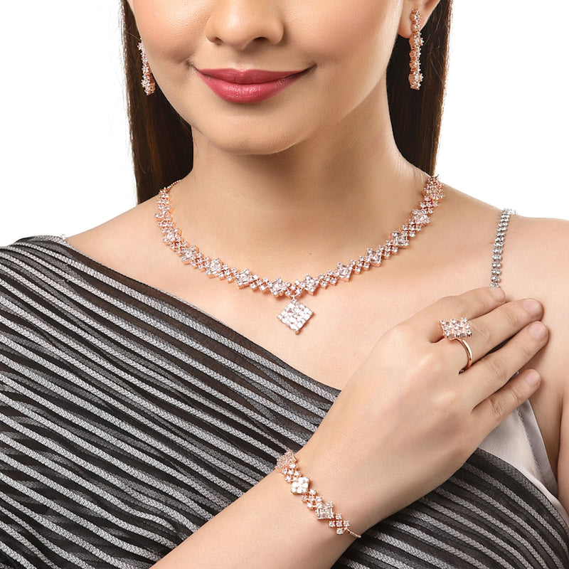Square Shaped Rose Gold-Plated White American Diamond Studded Jewellery Set Combo