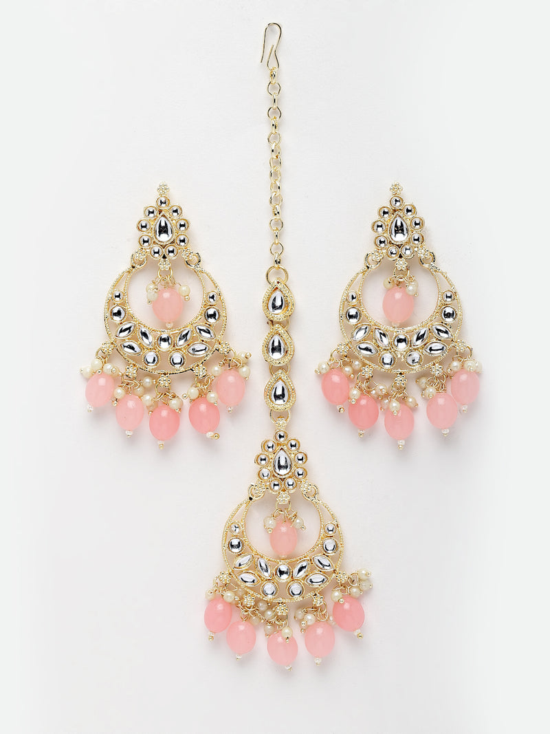 Meenakari Gold-Plated White & Pink Kundan-Studded & Pearl Beaded Jewellery Set