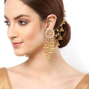 Traditional Bahubali Style Off White Circular Shaped Gold-Plated Drop Earrings With Ear Chain