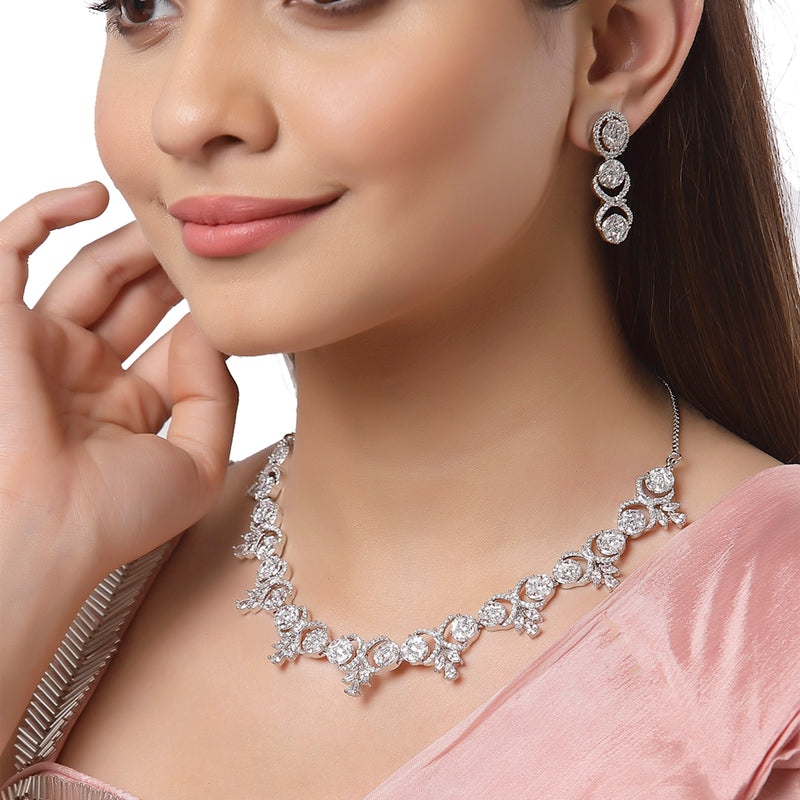 Rhodium-Plated with Silver-Tone White American Diamond-Studded Jewellery Set
