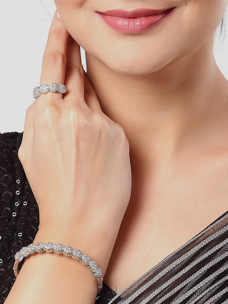 Rhodium Plated Silver Toned American Diamond Studded  Round Charm Bracelet Combo Set of 2 With Ring