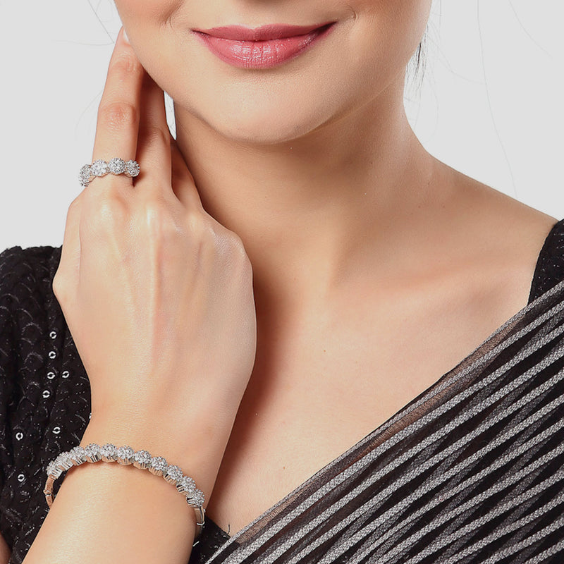 Rhodium Plated Silver Toned American Diamond Studded  Round Charm Bracelet Combo Set of 2 With Ring