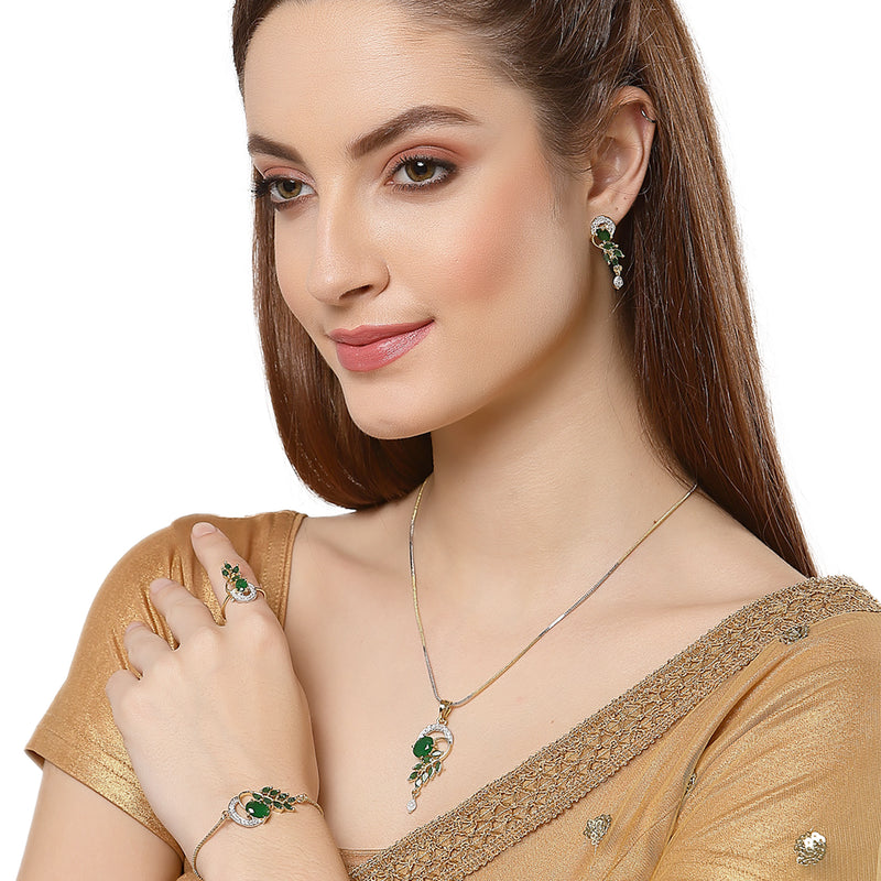 18K Gold-Plated Green Cubic Zirconia Studded Handcrafted Stylish Designed Jewellery Set