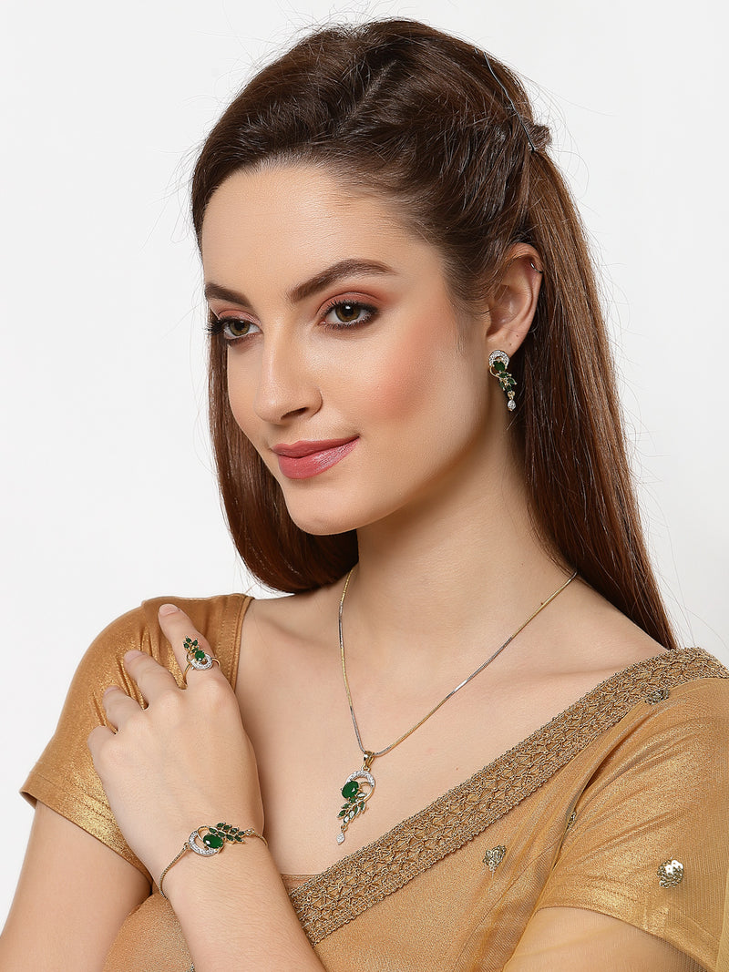 18K Gold-Plated Green Cubic Zirconia Studded Handcrafted Stylish Designed Jewellery Set