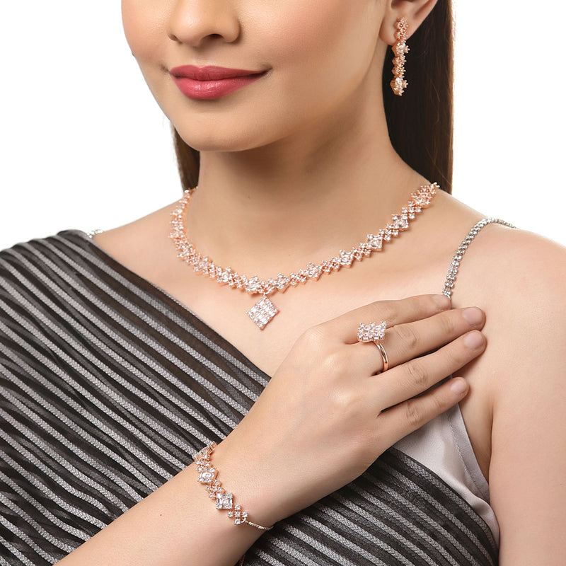 Square Shaped Rose Gold-Plated White American Diamond Studded Jewellery Set Combo