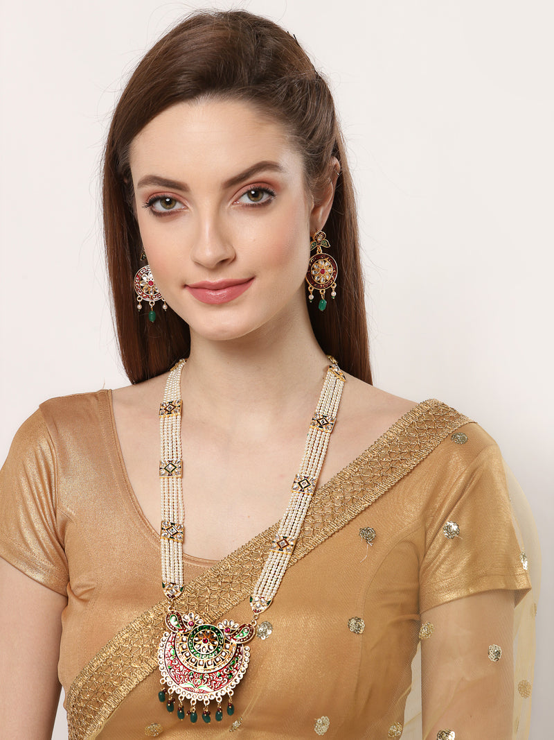 Meenakari Style Gold-Plated White Pearl Beaded Jewellery Set