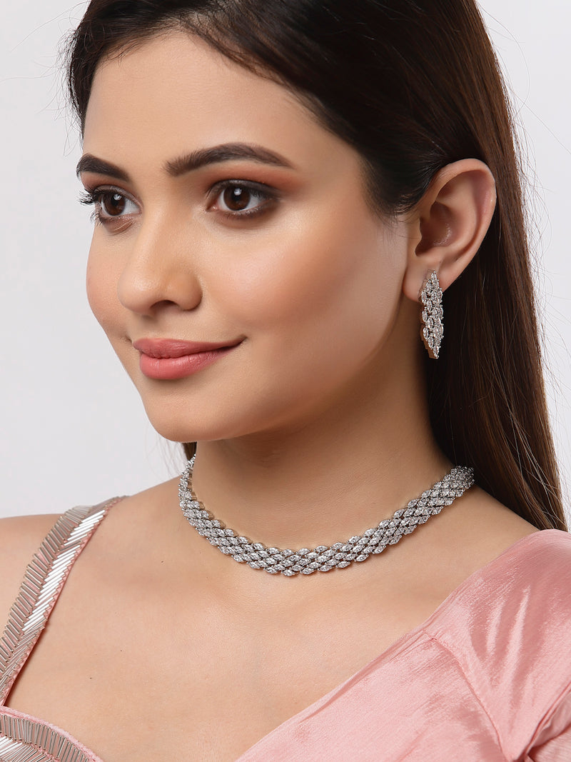 Rhodium-Plated with Silver-Tone & White American Diamond Studded Jewellery Set