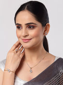 Gold Plated White American Diamond Studded Floral Design Pendant Combo Set With Adjustable Bracelet & Ring