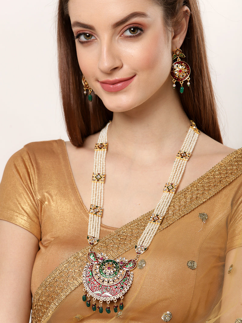 Meenakari Style Gold-Plated White Pearl Beaded Jewellery Set
