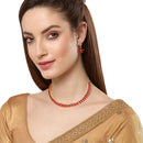 Floral Shaped Gold-Plated Red American Diamond Studded Necklace Set with Earrings
