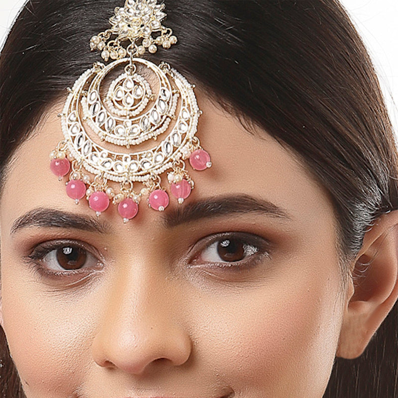 Traditional Gold Plated Kundan & Pink Bead Chandbali Maang Tikka