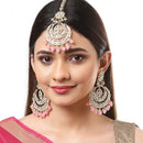 Gold-Plated Pearl Drops Pink Kundan Chandbali Maang Tikka & Earrings Set