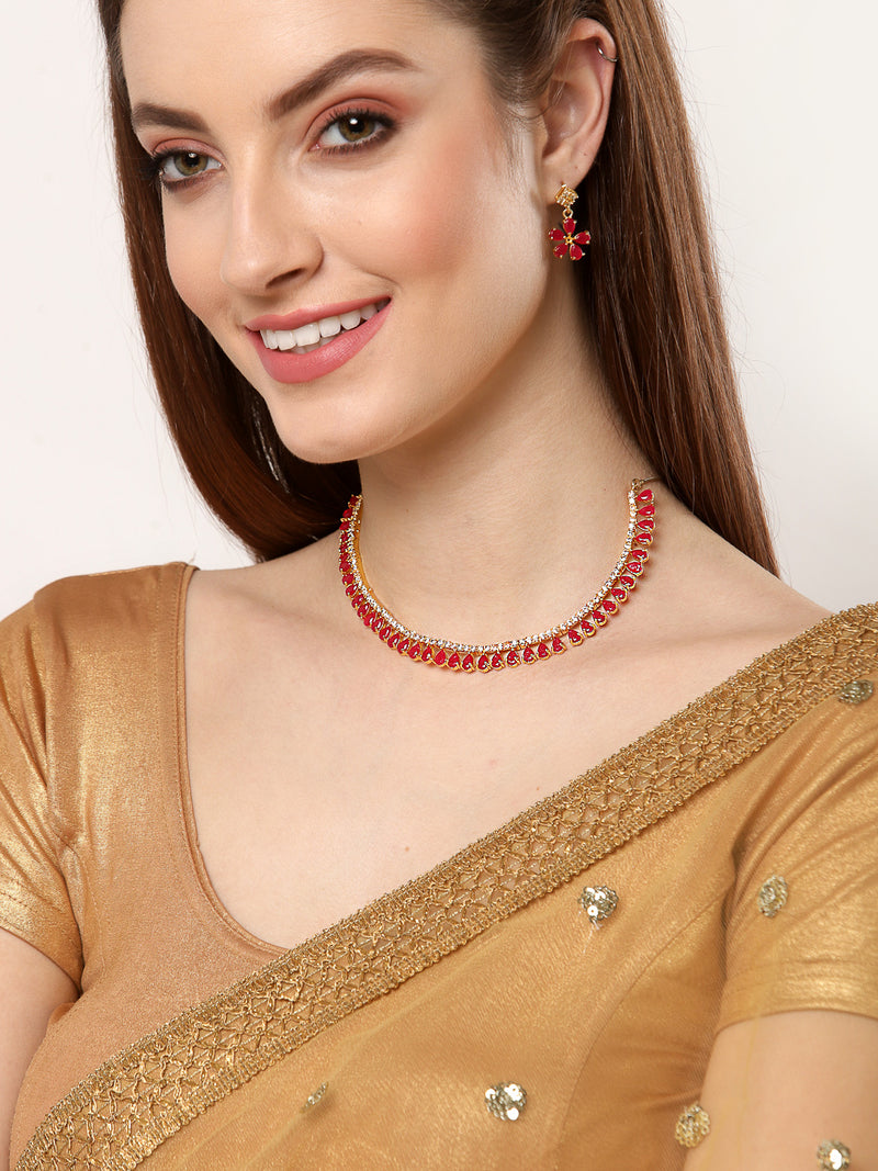 Floral Shaped Gold-Plated Red American Diamond Studded Necklace Set with Earrings