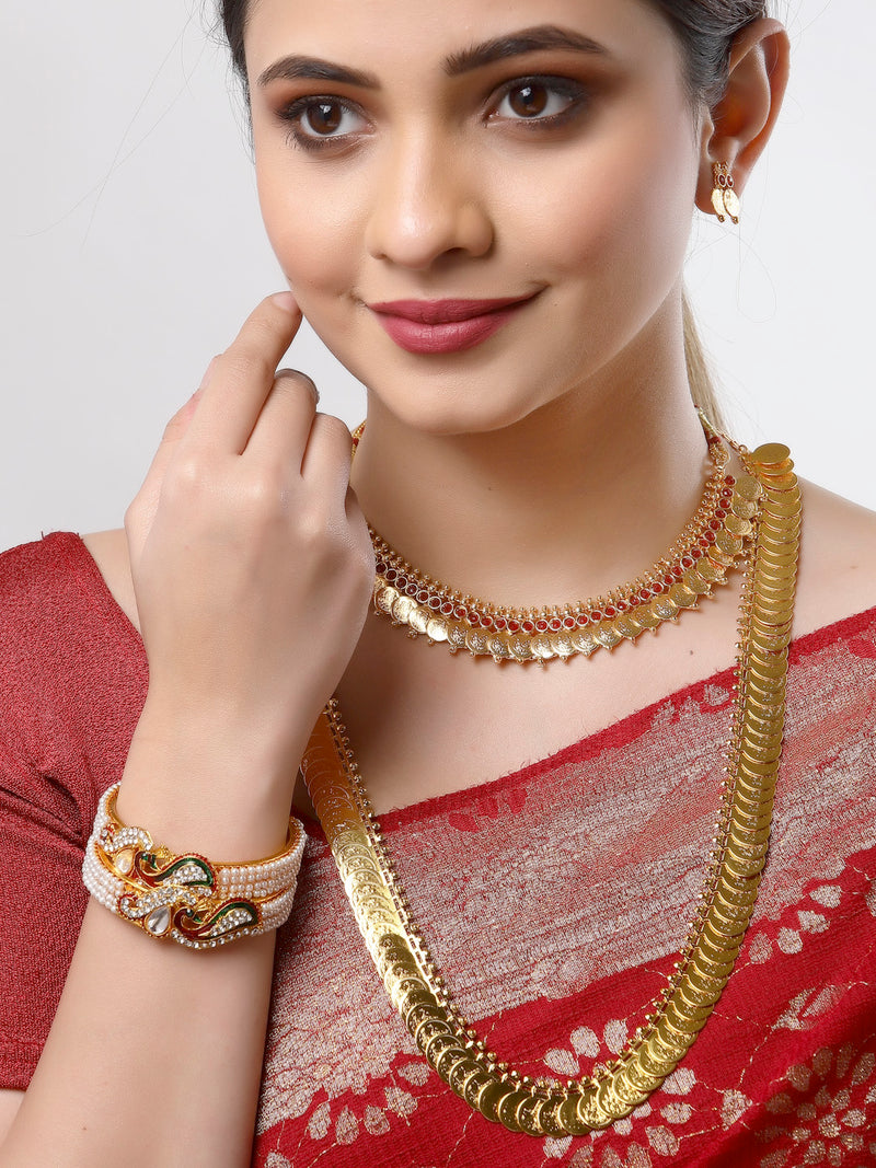 White Gold-Plated Stone-Studded Temple Jewellery Set