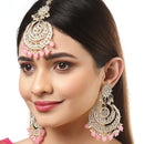 Gold-Plated Pearl Drops Pink Kundan Chandbali Maang Tikka & Earrings Set