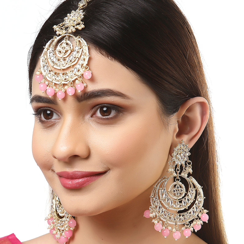 Gold-Plated Pearl Drops Pink Kundan Chandbali Maang Tikka & Earrings Set