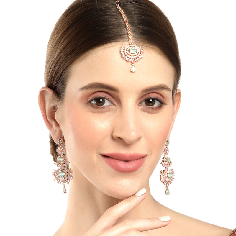 Rose Gold-Plated Sea Green American Diamond Studded Maang Tikka  With Earring