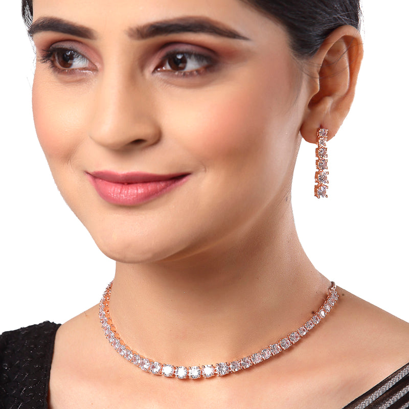 Rose-Tone with Gold-Plated White American Diamond Studded Jewellery Set