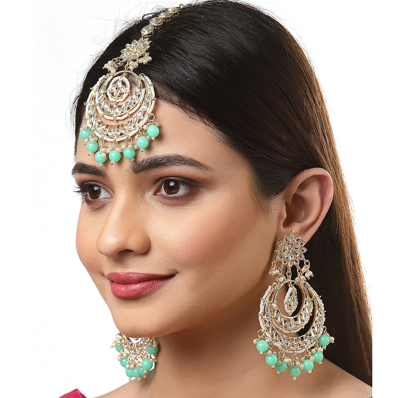 Rose Gold-Plated Sea Green American Diamond Studded Contemporary Head Jewellery With Earring