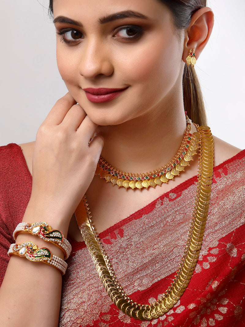 Gold-Plated Long Maharani Temple Coin Necklace Short Red & Green Stone Studded & Peacock Design Beaded Bracelet with Earrings Jewellery Set
