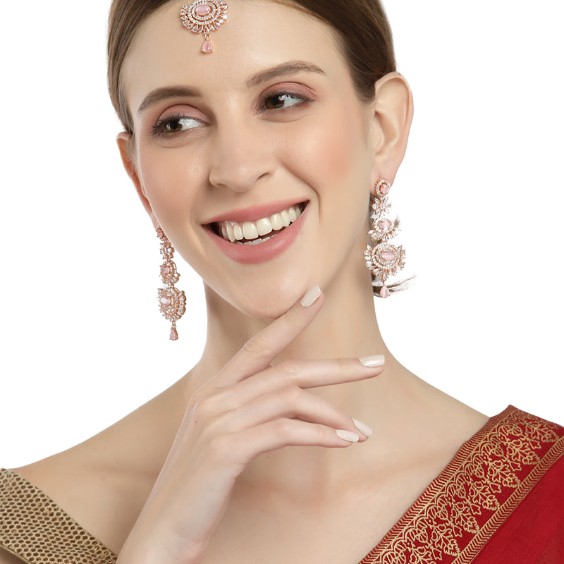 Rose Gold-Plated Pink American Diamond Studded Maang Tikka  With Earring