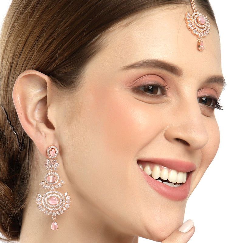 Rose Gold-Plated Pink American Diamond Studded Maang Tikka  With Earring