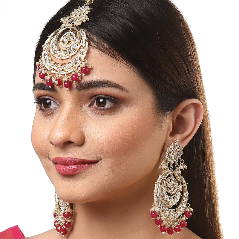 Gold-Plated Pearl Drops Red Kundan Chandbali Maang Tikka & Earrings Set