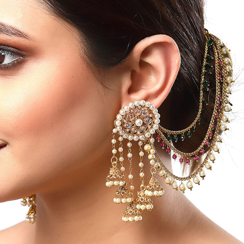 Set of 2 Multicoloured Stone-Studded Floral Shaped Gold-Plated Ear Chain