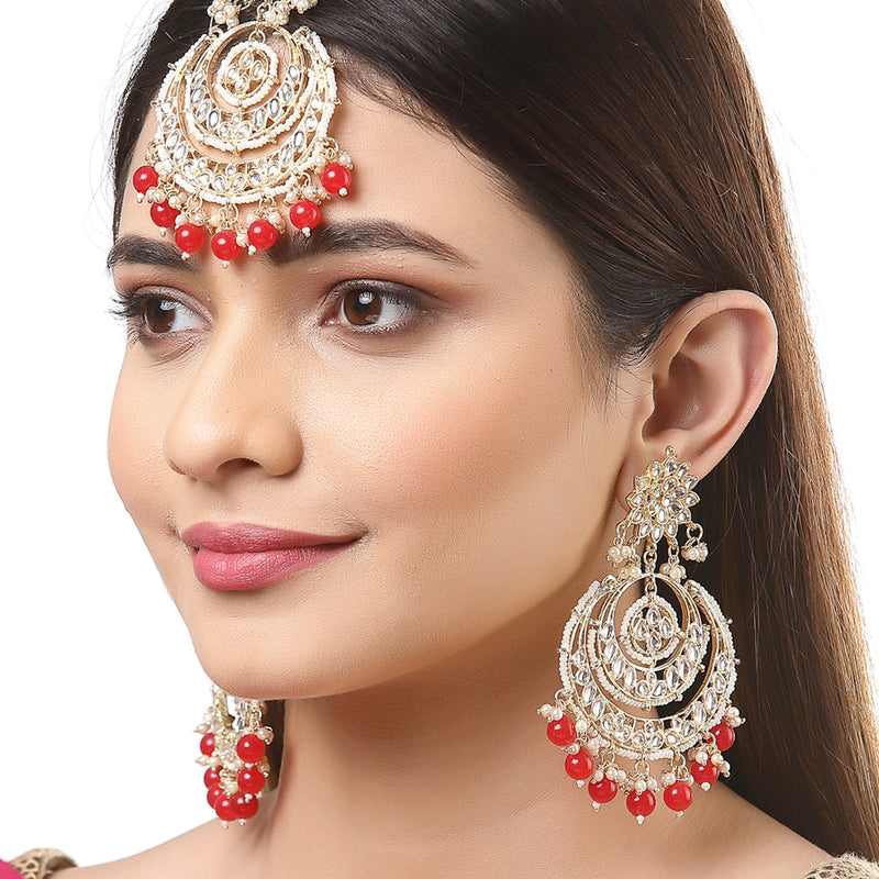 Gold-Plated Pearl Drops Red Kundan Chandbali Maang Tikka & Earrings Set