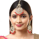 Gold-Plated Pearl Drops Red Kundan Chandbali Maang Tikka & Earrings Set