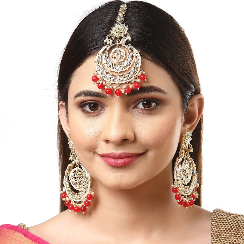 Gold-Plated Pearl Drops Red Kundan Chandbali Maang Tikka & Earrings Set
