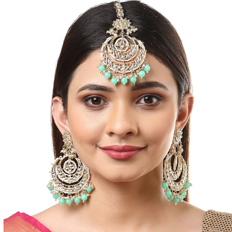 Rose Gold-Plated Sea Green American Diamond Studded Contemporary Head Jewellery With Earring