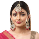 Gold-Plated Pearl Drops Red Kundan Chandbali Maang Tikka & Earrings Set