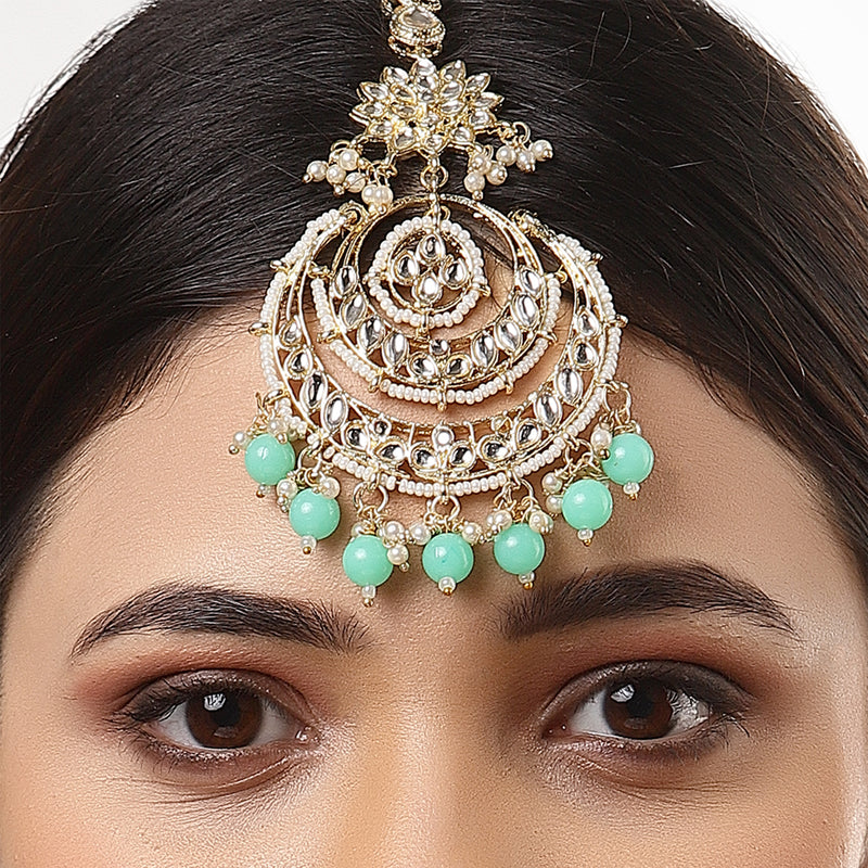 Traditional Gold Plated Kundan & Sea Green Bead Chandbali Maang Tikka
