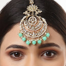 Traditional Gold Plated Kundan & Sea Green Bead Chandbali Maang Tikka