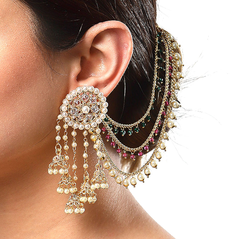 Set of 2 Multicoloured Stone-Studded Floral Shaped Gold-Plated Ear Chain