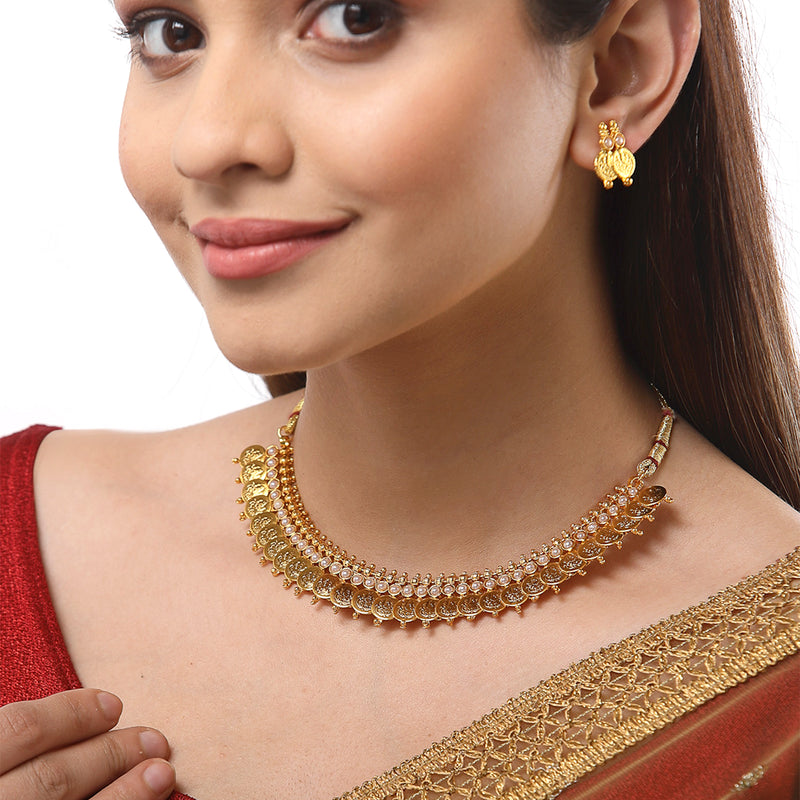 Traditional Temple Coin White Pearl Small Choker Necklace With Earring Jewellery