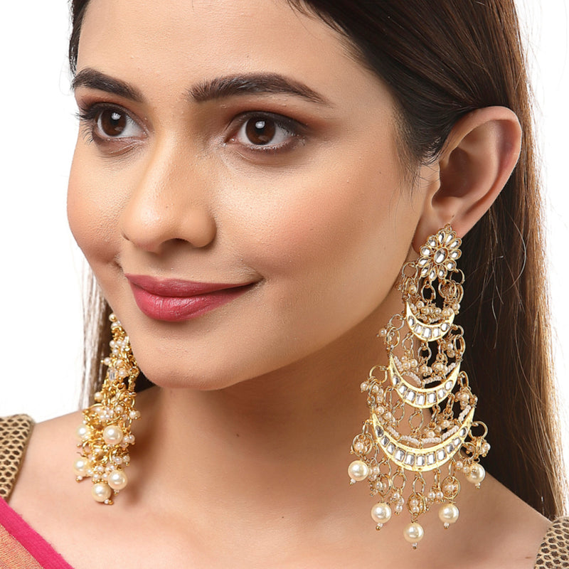 Gold-Plated Off White Kundan & Pearls Beaded Chandbalis Earrings