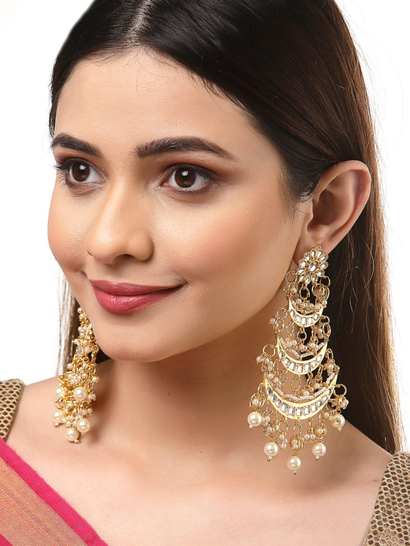 Gold-Plated Off White Kundan & Pearls Beaded Chandbalis Earrings