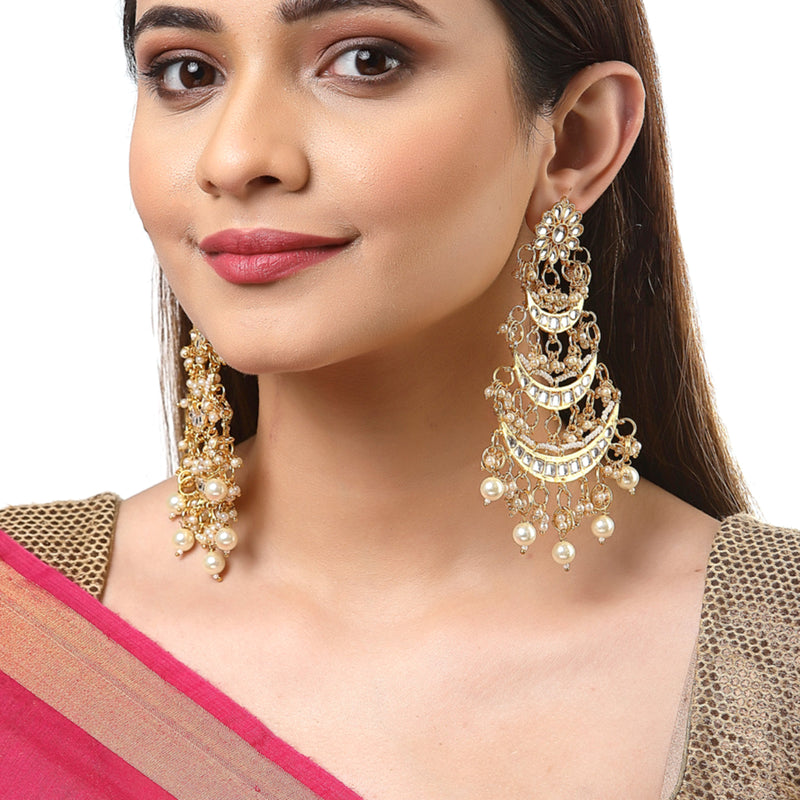 Gold-Plated Off White Kundan & Pearls Beaded Chandbalis Earrings
