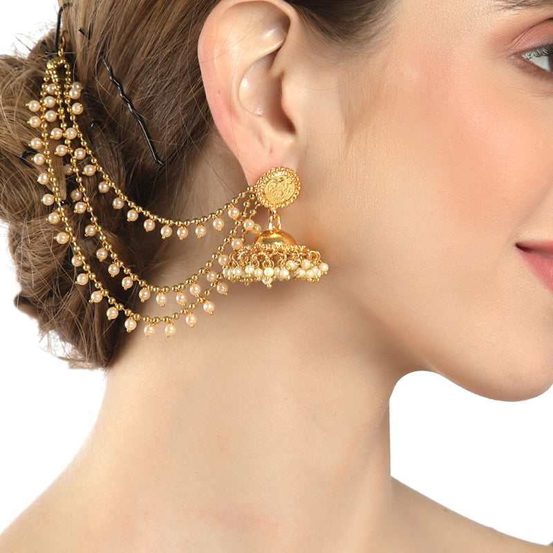 Gold-Toned White Drop Beaded Layered Gold-Plated Earring Chain