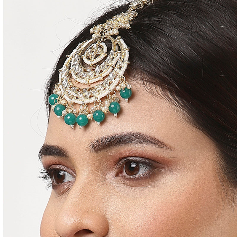 Traditional Gold Plated Kundan & Green Bead Chandbali Maang Tikka