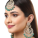 Gold-Plated Pearl Drops Green Kundan Chandbali Maang Tikka & Earrings Set